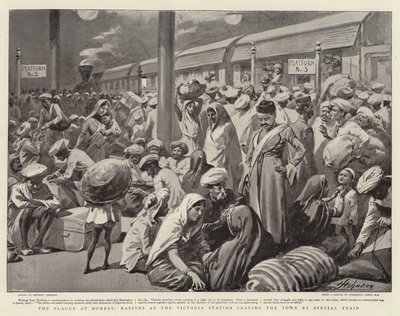 La peste a Bombay, nativi alla stazione Victoria che lasciano la città con un treno speciale da Herbert Johnson